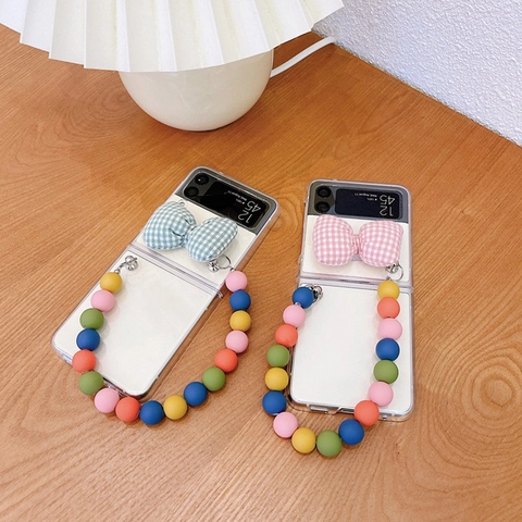 Foldable Phone Case Transparent Hard Shell Large Plaid Bowknot Colorful Bead Wrist Strap Fashion Cute For Women