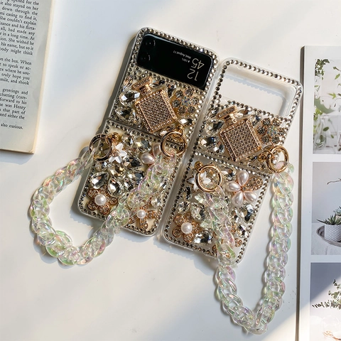 Coque De Téléphone De Luxe À Strass Et Künstliche Perles Avec Poignée Chaîne Holographique Pour Samsung Z Flip Fold