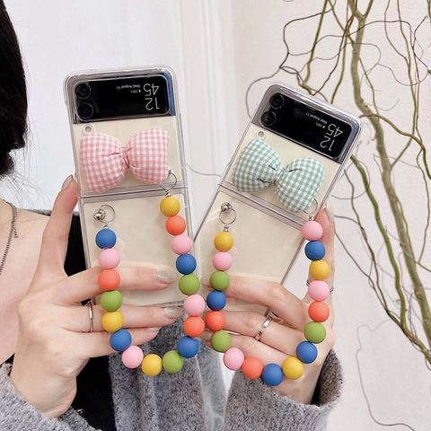 Foldable Phone Case Transparent Hard Shell Large Plaid Bowknot Colorful Bead Wrist Strap Fashion Cute For Women