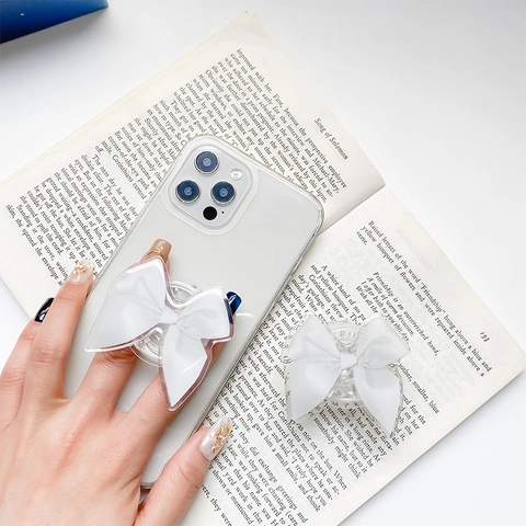 Expandable Phone Griptok Stand White Satin Fabric Bow Clear Acrylic Base Adhesive Finger Ring Holder For Women Girls