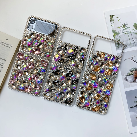 Luxury Rhinestone Folding Phone Case Handmade Crystal Encrusted Protective Cover Sparkling Shimmering Decorative Hard Shell