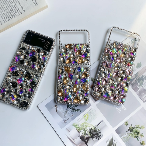 Luxury Rhinestone Folding Phone Case Handmade Crystal Encrusted Protective Cover Sparkling Shimmering Decorative Hard Shell