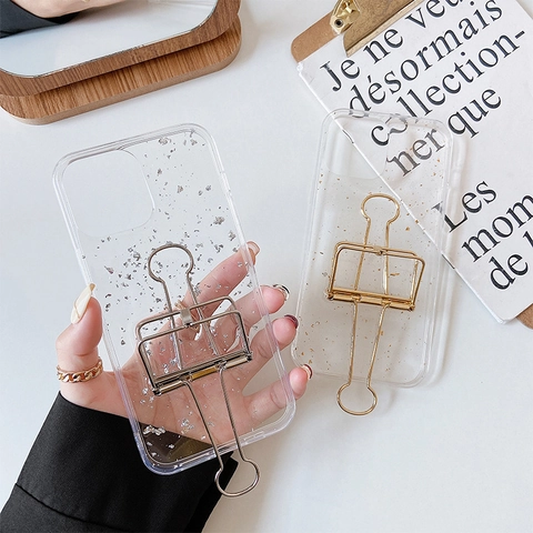 Creative Phone Case For iPhone With Gold Silver Foil And Metal Binder Clip Stand Luxury Fashion Shockproof Protective Cover