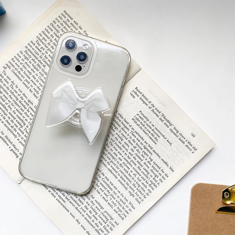 Expandable Phone Griptok Stand White Satin Fabric Bow Clear Acrylic Base Adhesive Finger Ring Holder For Women Girls