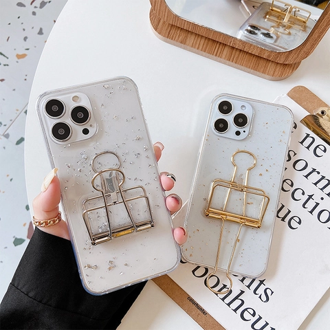 Creative Phone Case For iPhone With Gold Silver Foil And Metal Binder Clip Stand Luxury Fashion Shockproof Protective Cover