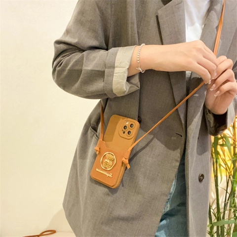 Funda De Teléfono Con Correa Cruzada Porta Tarjetas Cuero PU Oso Dorado Diseño Zodiaco Sagitario Para iPhone