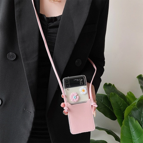 Crossbody Phone Case Lychee Pattern Leather Card Slot 3D Daisy Detachable Strap Protective Cover Folding Screen For Women