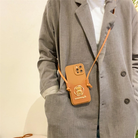 Funda De Teléfono Con Correa Cruzada Porta Tarjetas Cuero PU Oso Dorado Diseño Zodiaco Sagitario Para iPhone