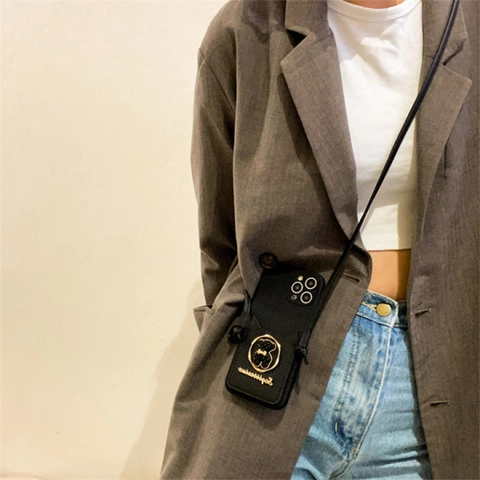 Crossbody Phone Case With Card Holder Wallet Adjustable Lanyard Strap Leather Texture Bear Sagittarius Decor Elegant