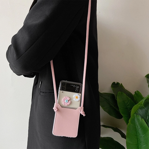 Crossbody Phone Case Lychee Pattern Leather Card Slot 3D Daisy Detachable Strap Protective Cover Folding Screen For Women