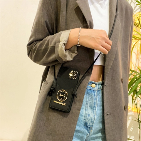 Crossbody Phone Case With Card Holder Wallet Adjustable Lanyard Strap Leather Texture Bear Sagittarius Decor Elegant