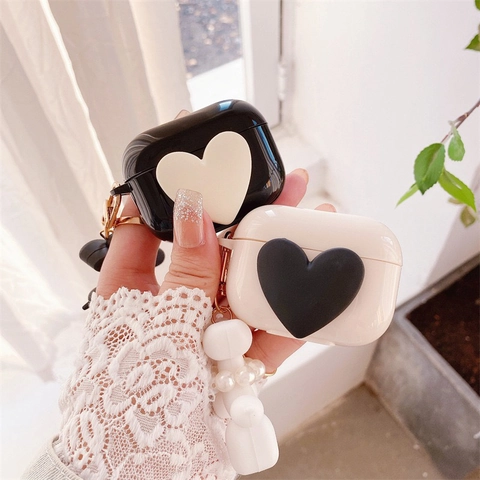 3D Heart Earphone Case TPU Protective Cover With Balloon Dog Artificial Pearl Pendant Ins Style Minimalist Cute Solid Color