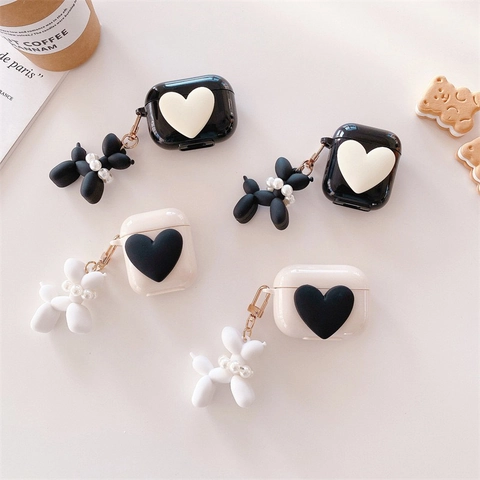 3D Heart Earphone Case TPU Protective Cover With Balloon Dog Artificial Pearl Pendant Ins Style Minimalist Cute Solid Color