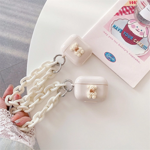Cute Earphone Case Compatible With AirPods Pro 3D Grid Bear With Bow And Acrylic Hand Chain TPU Material Protective Cover