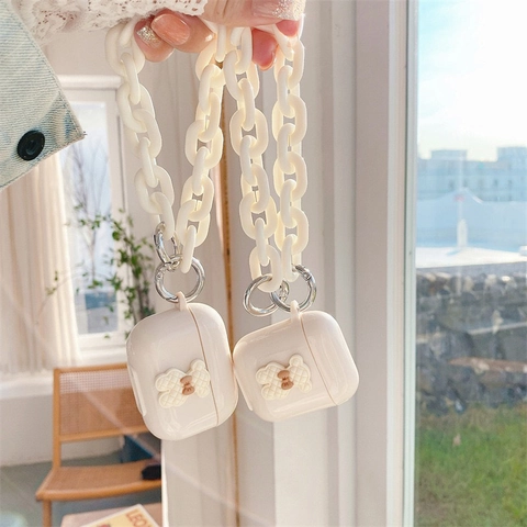 Cute Earphone Case Compatible With AirPods Pro 3D Grid Bear With Bow And Acrylic Hand Chain TPU Material Protective Cover