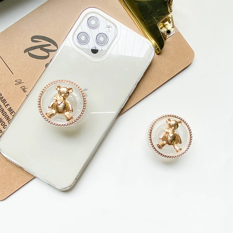 3D Elektroplattierter Goldener Bär Erweiterbarer Handy Griff Ständer Transparente Basis Universeller Handy Sockel Halter