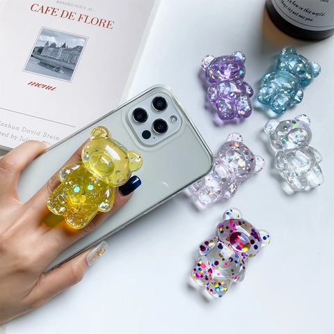 Cute 3D Bear Phone Griptok Expanding Grip Stand Transparent Resin Glitter Sequins Foldable Cellphone Socket Holder Universal