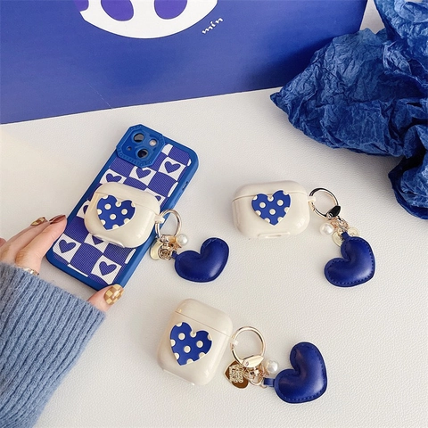 Custodia Per Auricolari Wireless Con Cuore A Pois Blu E Pendente In Similpelle Cover TPU Silicone Per AirPods Pro