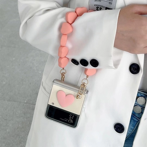 Foldable Smartphone Case Transparent TPU With Heart Decoration And Beaded Resin Wrist Strap Fashion Chic For Women