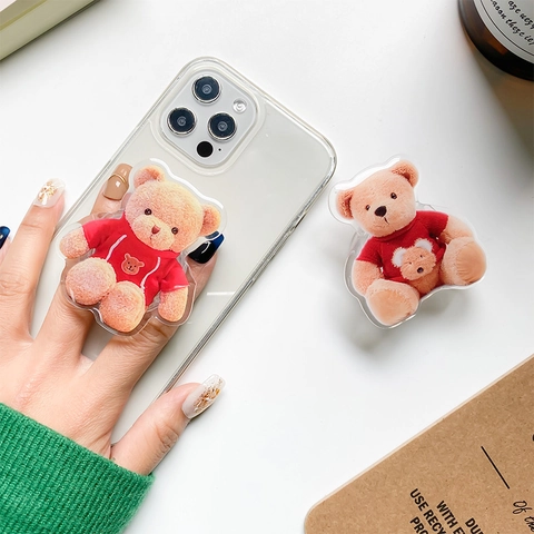 Cute Bear Phone Grip Stand 3D Plush Texture Acrylic Folding Telescopic Adhesive Holder For Desk Mobile Phone Accessory