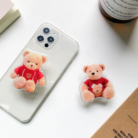 Cute Bear Phone Grip Stand 3D Plush Texture Acrylic Folding Telescopic Adhesive Holder For Desk Mobile Phone Accessory