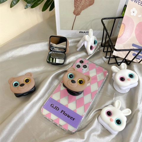 3D Cartoon Bär Hase Handyhalterung Mit Klappbarem Schminkspiegel Erweiterbarer Faltbarer Ständer Süßer Tiergriff