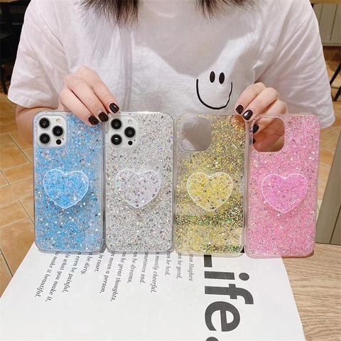 Glanzend Glitter Telefoonhoesje Hartvormige Standaard Opvouwbare Houder Zachte TPU PC Beschermhoes Smartphone Dames
