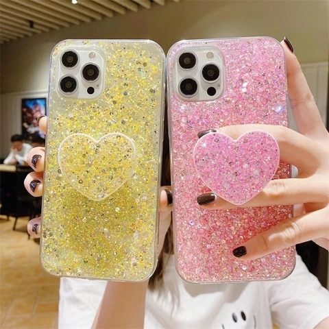 Glanzend Glitter Telefoonhoesje Hartvormige Standaard Opvouwbare Houder Zachte TPU PC Beschermhoes Smartphone Dames