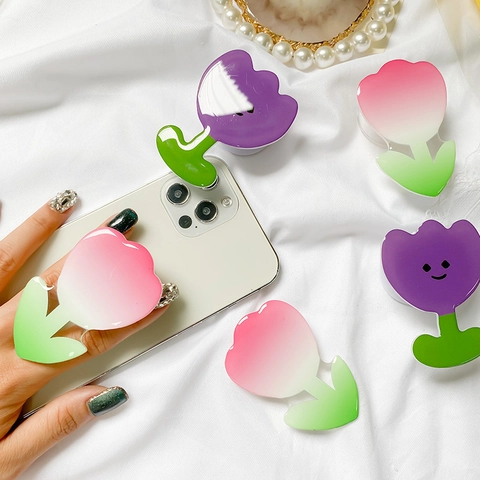 Cute Tulip Flower Phone Grip Tok Retractable Mobile Stand Acrylic Smiley Face Pastel Floral Finger Holder Desktop Bracket