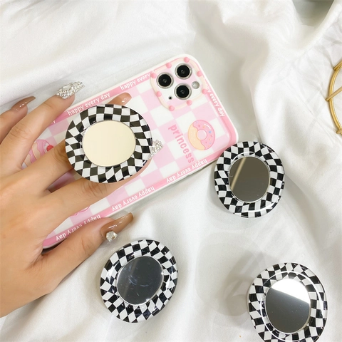 Phone Grip Ständer Rundes Schachbrettmuster Mit Make-up Spiegel Ausziehbarer Klebesockel Für Den Schreibtisch Modisch