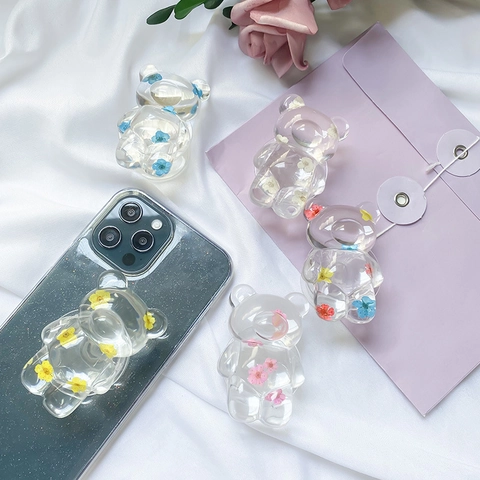 Bear Shaped Phone Grip Tok Transparent Resin Stand With Real Dried Flowers For Universal Smartphones Cute Aesthetic Accessory