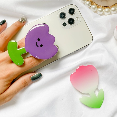 Cute Tulip Flower Phone Grip Tok Retractable Mobile Stand Acrylic Smiley Face Pastel Floral Finger Holder Desktop Bracket