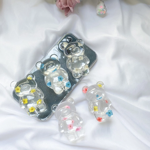 Bear Shaped Phone Grip Tok Transparent Resin Stand With Real Dried Flowers For Universal Smartphones Cute Aesthetic Accessory