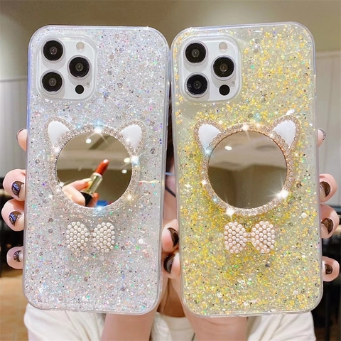 Glitzer Pailletten Handyhülle Mit Katzenohr Schminkspiegel Und Künstliche Perle Schleife Wasserstein Luxus Glänzende Schutzhülle Für iPhone