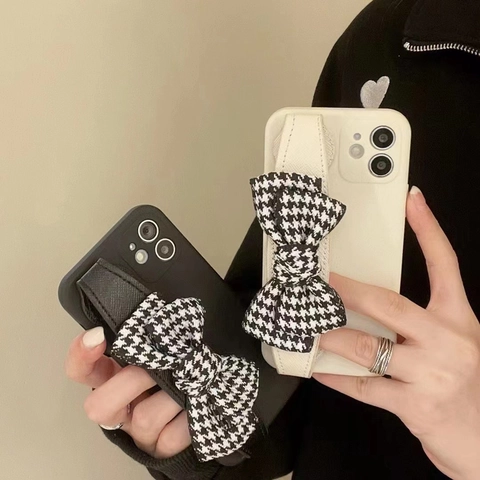 Houndstooth Bowknot Hand Strap Phone Case TPU Fabric Liquid Silicone Texture Minimalist Fashion Protective Cover