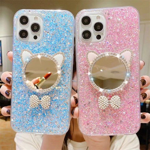 Glitzer Pailletten Handyhülle Mit Katzenohr Schminkspiegel Und Künstliche Perle Schleife Wasserstein Luxus Glänzende Schutzhülle Für iPhone