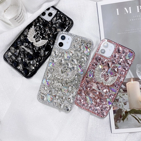 Luxury Bling Rhinestone Swan Phone Case For Smartphone Handmade Crystal Sparkling Luxury Protective Back Cover For Women