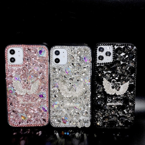 Luxury Bling Rhinestone Swan Phone Case For Smartphone Handmade Crystal Sparkling Luxury Protective Back Cover For Women