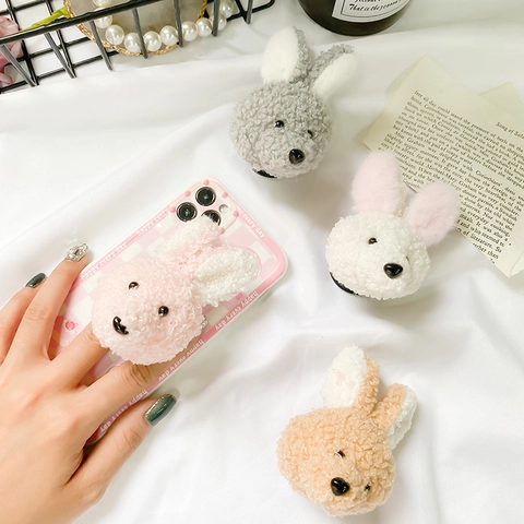 Cute Rabbit Plush Phone Grip Collapsible Airbag Socket Stand Teddy Velvet Soft Animal Design For Smartphone