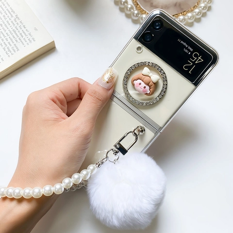 Folding Phone Case Compatible With Samsung Z Flip Fold Rhinestone Ring Stand Artificial Pearl Chain Plush Pom-Pom Sweet INS Style
