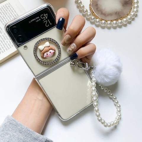 Folding Phone Case Compatible With Samsung Z Flip Fold Rhinestone Ring Stand Artificial Pearl Chain Plush Pom-Pom Sweet INS Style