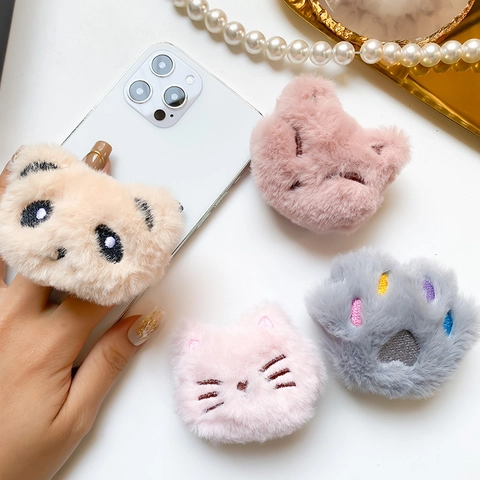 Cute Cartoon Plush Animal Phone Holder Expandable Airbag Stand Anti Drop Plastic Base Panda Cat Fox Style
