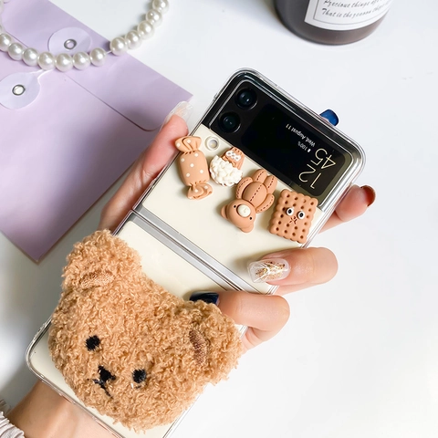 Foldable Smartphone Case Transparent PC With 3D Resin Charms And Plush Bear Head Grip Cute Cartoon Shockproof Cover