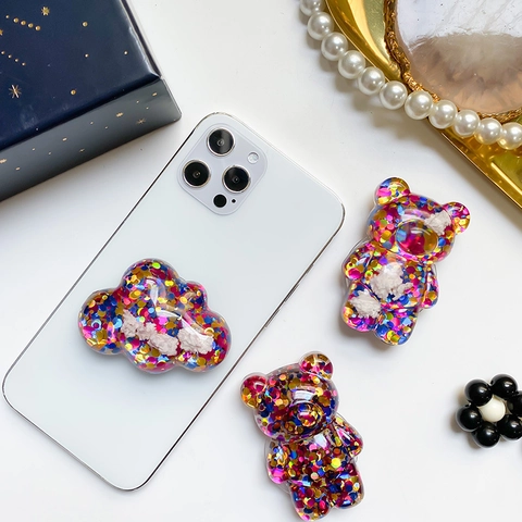 Cute Bear Cloud Shape Phone Airbag Stand Transparent Resin Colorful Sequin Glitter Expandable Retractable Universal Finger Grip