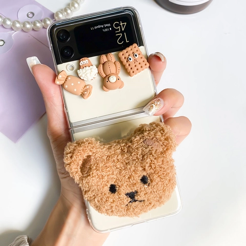Foldable Smartphone Case Transparent PC With 3D Resin Charms And Plush Bear Head Grip Cute Cartoon Shockproof Cover
