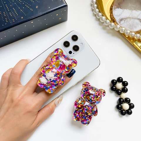 Cute Bear Cloud Shape Phone Airbag Stand Transparent Resin Colorful Sequin Glitter Expandable Retractable Universal Finger Grip