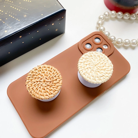 Supporto Telefono Rotondo Stile Rattan Intrecciato Impugnatura Airbag Espandibile Supporto Adesivo Accessorio Naturale