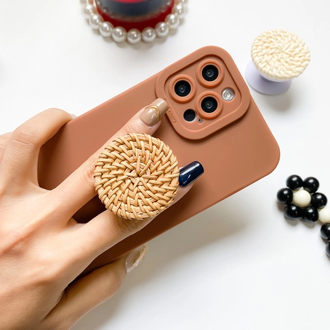 Supporto Telefono Rotondo Stile Rattan Intrecciato Impugnatura Airbag Espandibile Supporto Adesivo Accessorio Naturale
