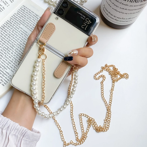 Transparent Folding Phone Case With Faux Artificial Pearl Wrist Strap And Metal Crossbody Chain Leather Loops Luxury Elegant