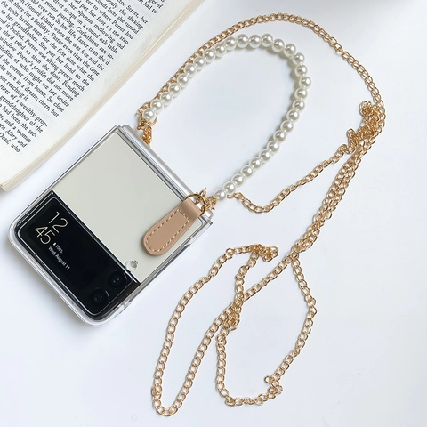Transparent Folding Phone Case With Faux Artificial Pearl Wrist Strap And Metal Crossbody Chain Leather Loops Luxury Elegant